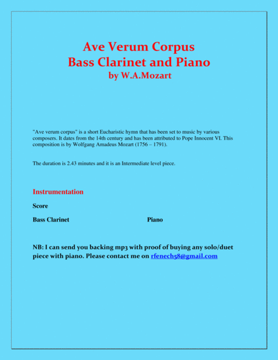 Ave Verum Corpus - Bass Clarinet and Piano - Intermediate level image number null