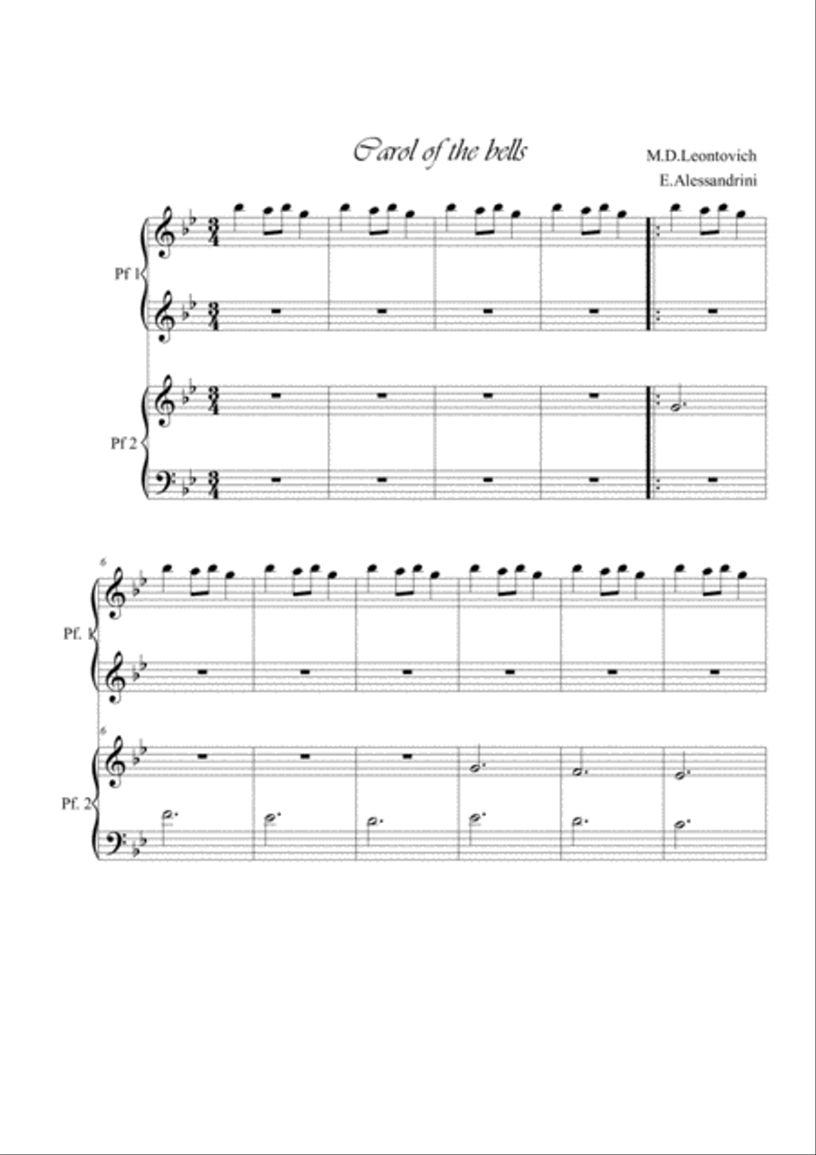 Carol of the bells. Piano 4 hands Easy Piano scores gallery preview page 1