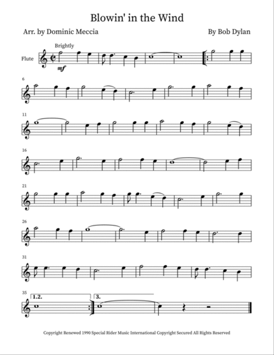 Blowin' In The Wind Woodwind Quartet scores gallery preview page 4