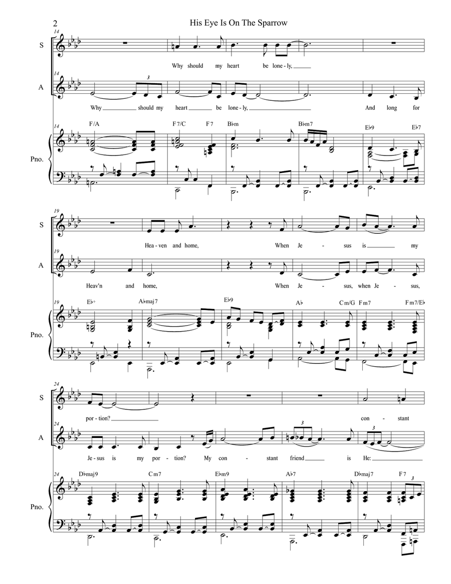 His Eye Is On The Sparrow (Duet for Soprano and Alto Solo) Alto Voice scores gallery preview page 3