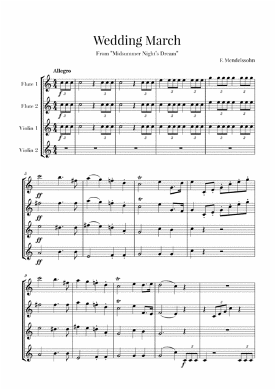 Wedding March for 2 Violins and 2 Flutes - Mendelssohn Flute scores gallery preview page 1