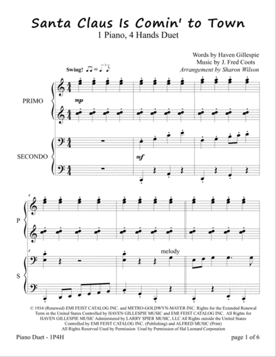 Santa Claus Is Comin' To Town 1 Piano, 4-Hands scores gallery preview page 3