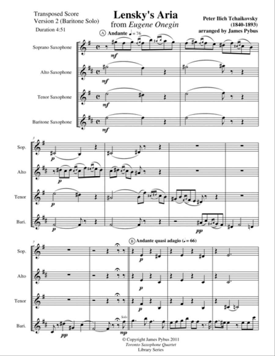 Lensky's Aria from Eugene Onegin (Version 2 SATB Saxophone Quartet features Baritone) Saxophone Quartet scores gallery preview page 3