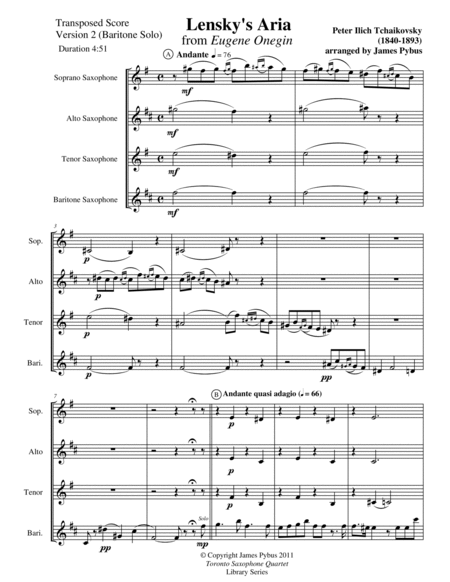 Lensky's Aria from Eugene Onegin (Version 2 SATB Saxophone Quartet features Baritone) image number null