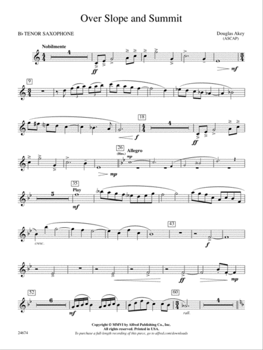 Over Slope and Summit: B-flat Tenor Saxophone Concert Band scores gallery preview page 1