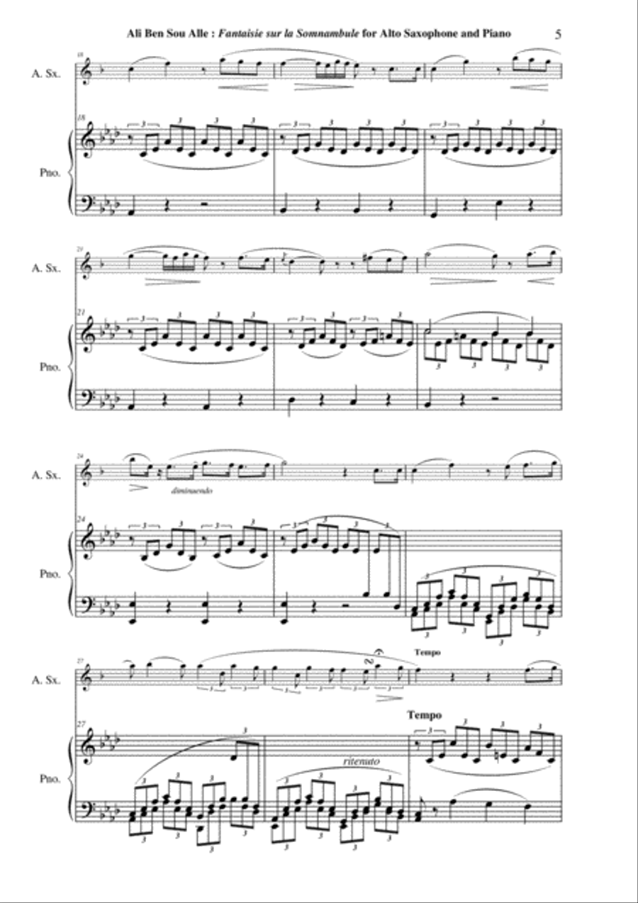 Ali Ben Sou Alle: Fantaisie sur la Somnambule de Bellini for alto saxophone and piano Alto Saxophone scores gallery preview page 5