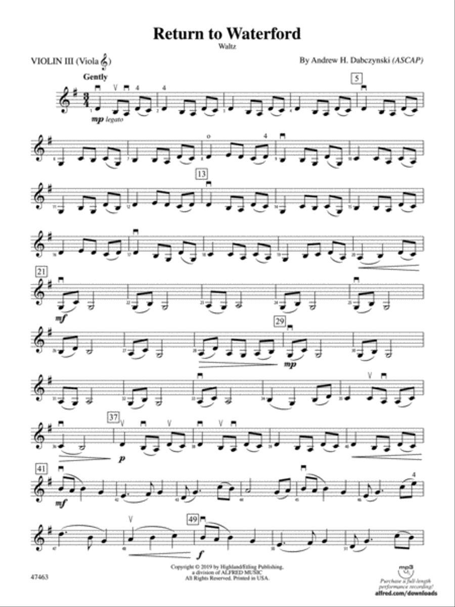Return to Waterford: 3rd Violin (Viola [TC]) String Orchestra scores gallery preview page 1