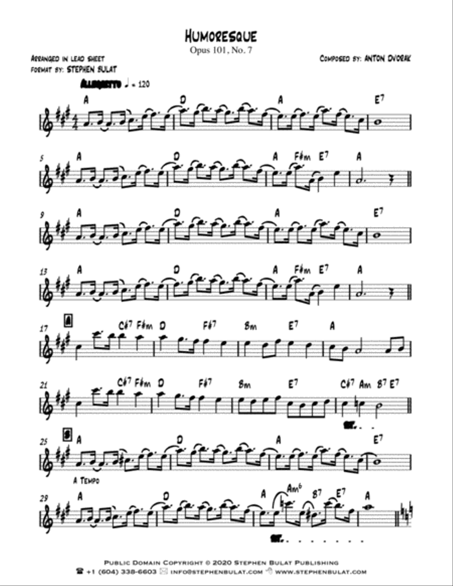 Humoresque (Dvorak) - Lead sheet (key of A) Piano, Vocal, Guitar scores gallery preview page 2