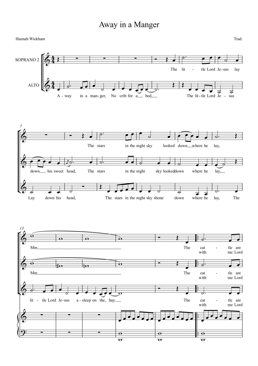 Away in a Manger - alternate tune for Easy SSA + piano SSA scores gallery preview page 1
