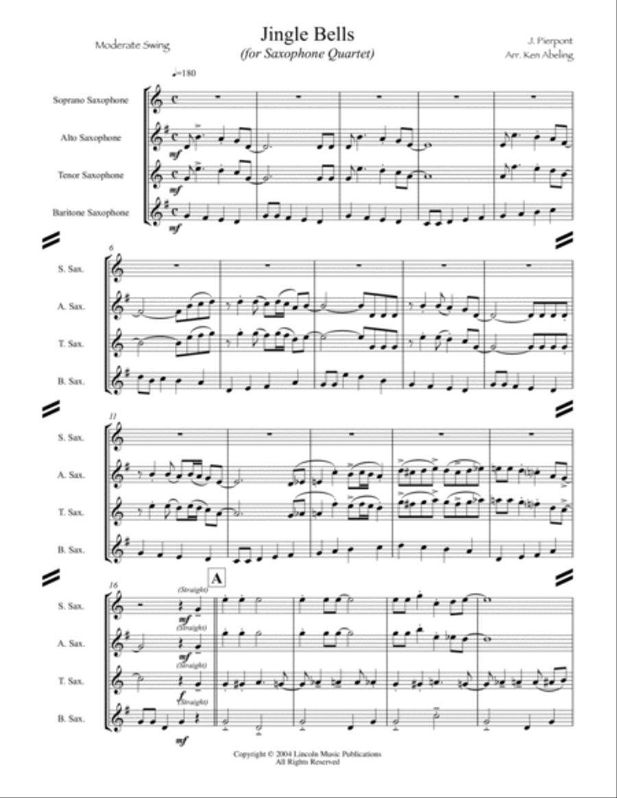 Jingle Bells (for Saxophone Quartet SATB or AATB) Saxophone Quartet scores gallery preview page 2
