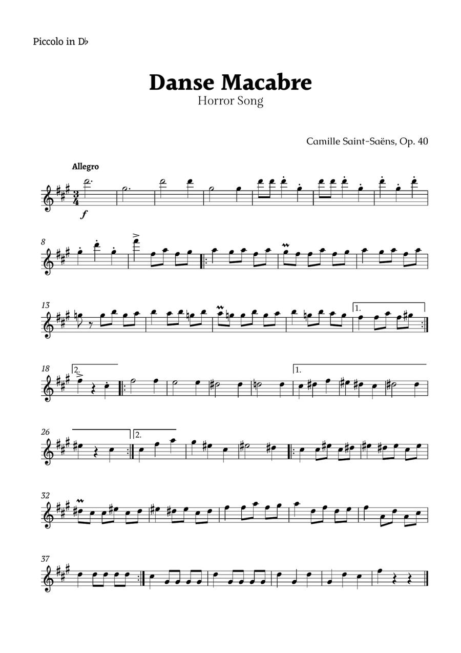 Danse Macabre by Saint-Saëns for D♭ Piccolo Solo.