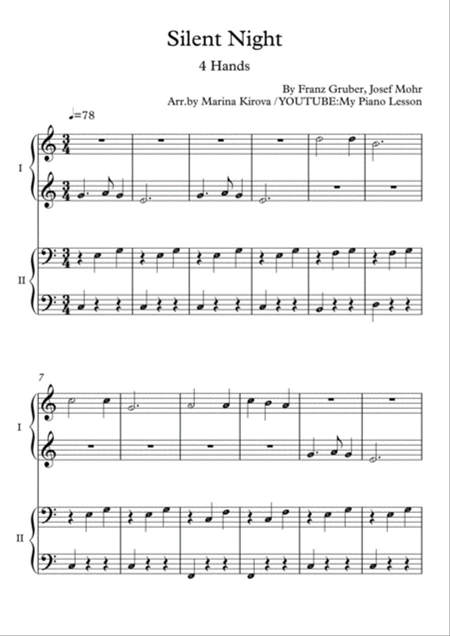 Silent Night - Four Hands EASY Piano Duet - with Note Names (with Letters) Easy Piano scores gallery preview page 1