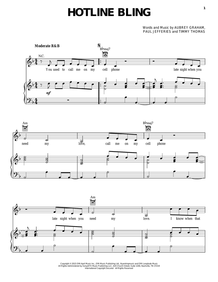 Hotline Bling Piano, Vocal, Guitar scores gallery preview page 1