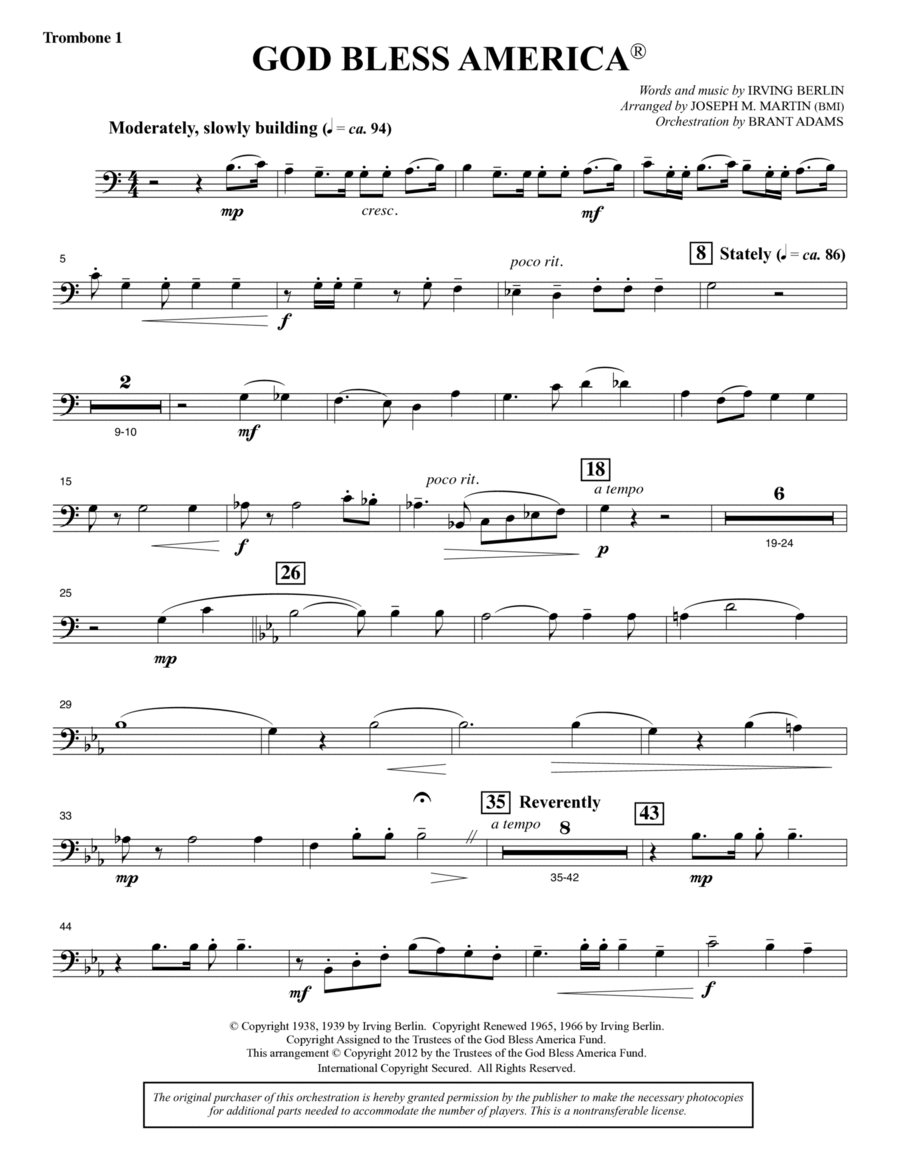 God Bless America - Trombone 1 Choir scores gallery preview page 1