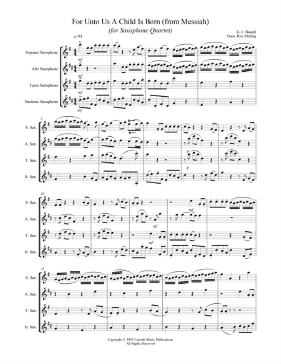 Handel - For Unto Us a Child is Born from Messiah (for Saxophone Quartet SATB) Saxophone Quartet scores gallery preview page 2