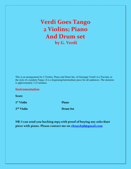 Verdi Goes Tango - G.Verdi - 2 Violins, Piano and Drum Set image number null
