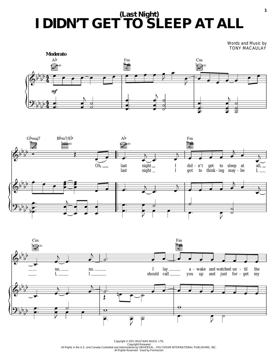(Last Night) I Didn't Get To Sleep At All Piano, Vocal, Guitar scores gallery preview page 1