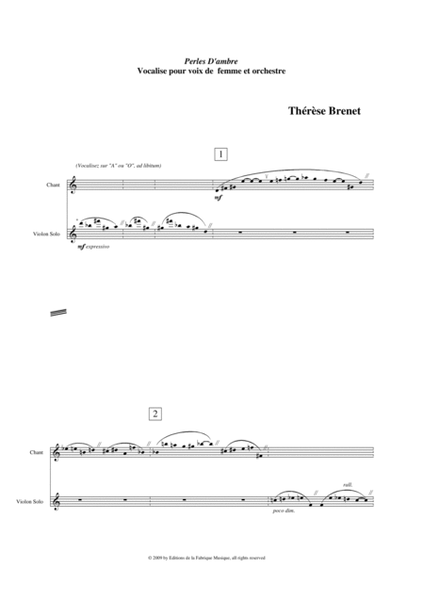 Thérèse Brenet : Perles d'Ambre, vocalize for female voice and orchestra - score