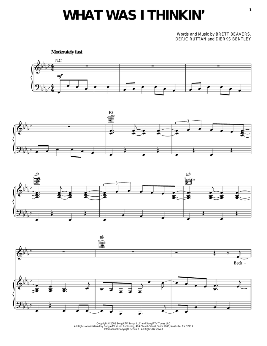What Was I Thinkin' Piano, Vocal, Guitar scores gallery preview page 1
