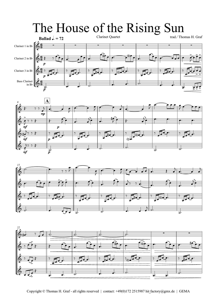 The house of the rising sun - Clarinet Quartet Clarinet Quartet scores gallery preview page 1