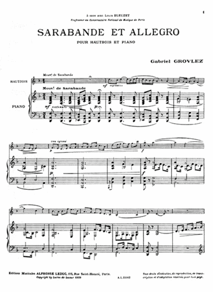 Gabriel Grovlez - Sarabande Et Allegro Pour Hautbois Et Piano by Gabriel Grovlez Piano - Sheet Music