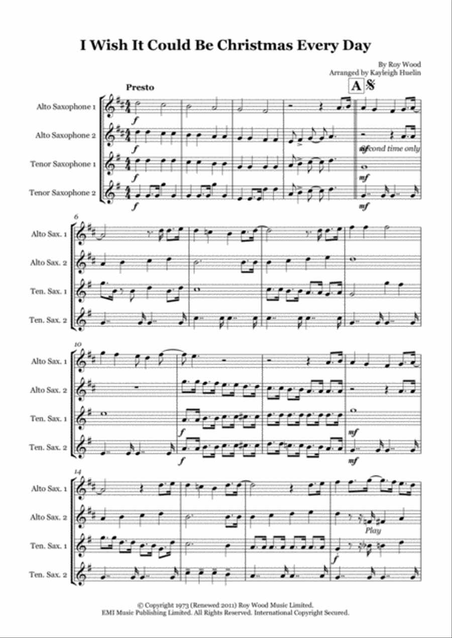 I Wish It Could Be Christmas Every Day Saxophone Quartet scores gallery preview page 1