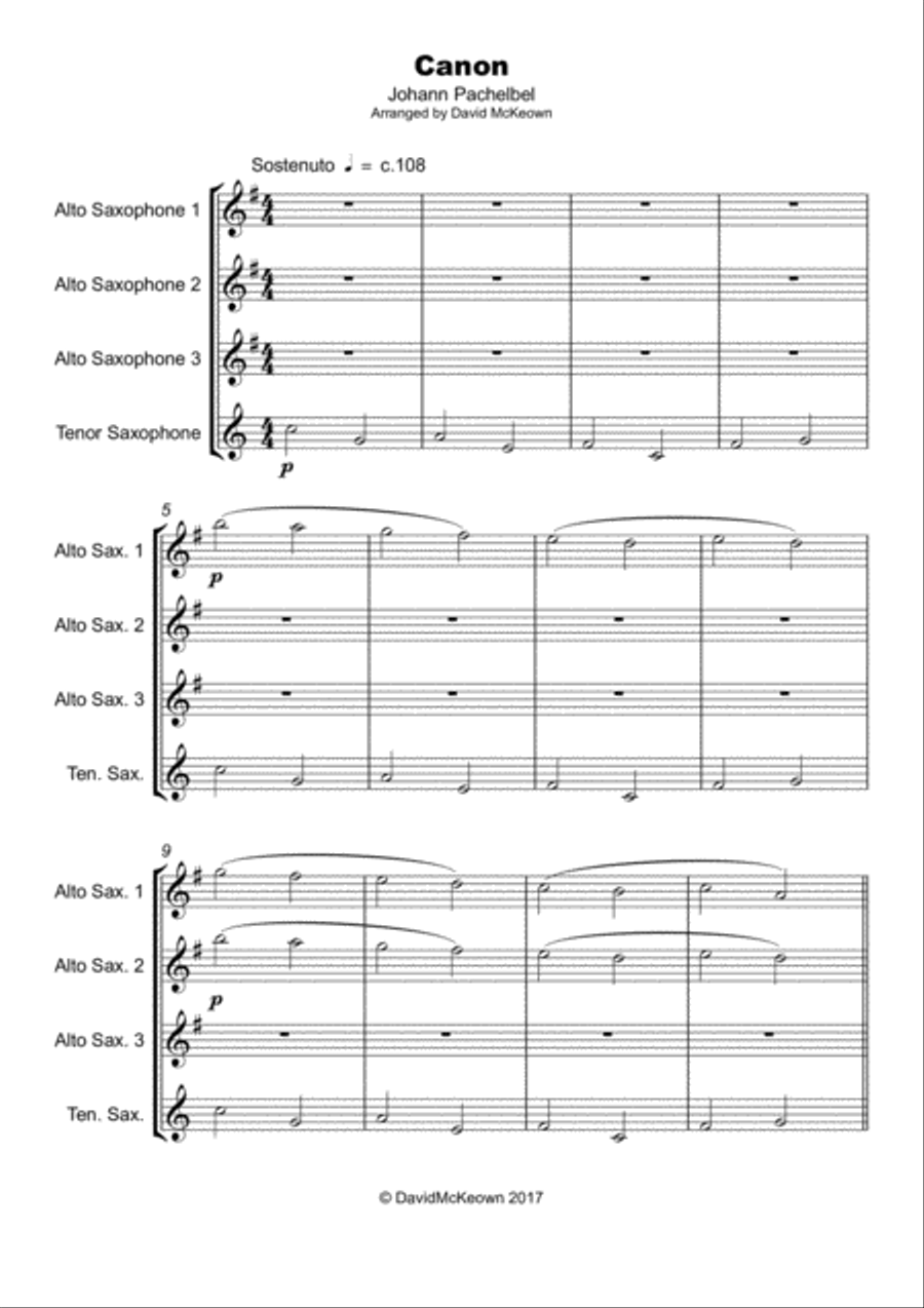 Pachelbel's Canon in D, for Saxophone Quartet, three Altos and one Tenor or Baritone Saxophone Quartet scores gallery preview page 2