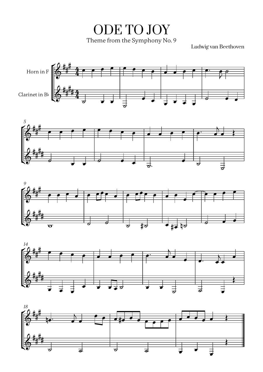 L. v. Beethoven - Ode to Joy (from Symphony No. 9) (for French Horn and Clarinet) Woodwind Duet scores gallery preview page 1