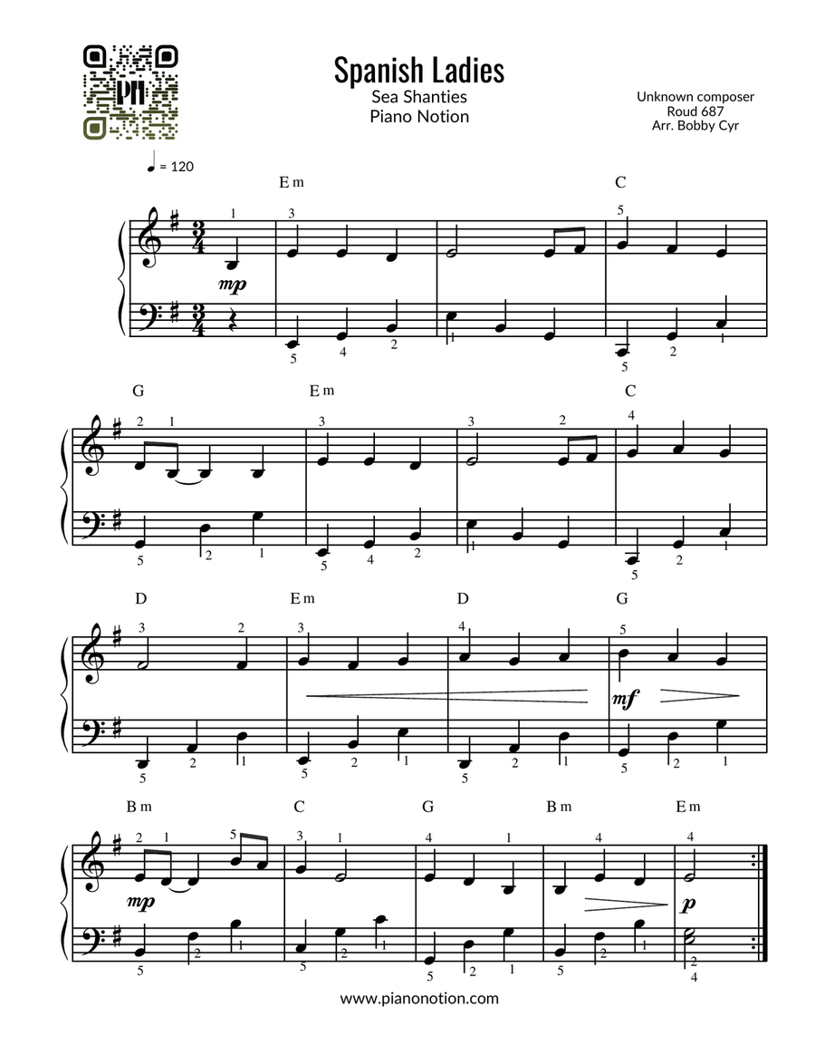 Spanish Ladies - Sea Shanties (Piano Solo) Easy Piano scores gallery preview page 1
