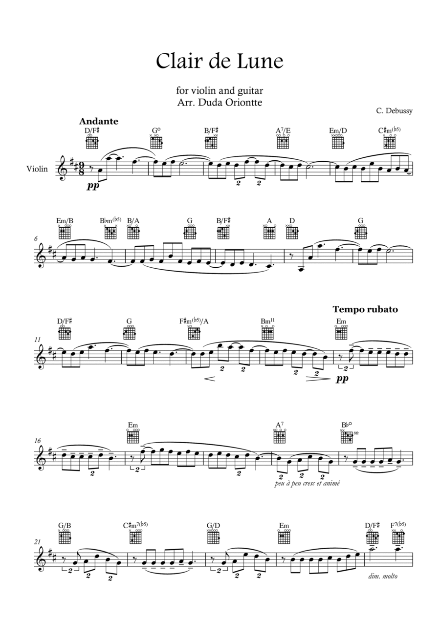 Clair de Lune (Violin - With guitar TABS) Violin Solo scores gallery preview page 1