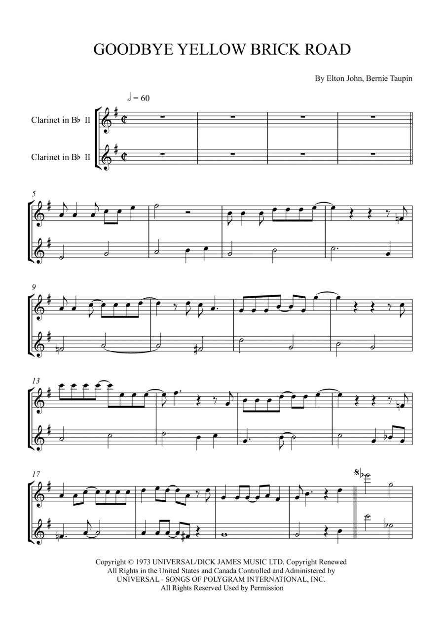 Goodbye Yellow Brick Road Clarinet Duet scores gallery preview page 1
