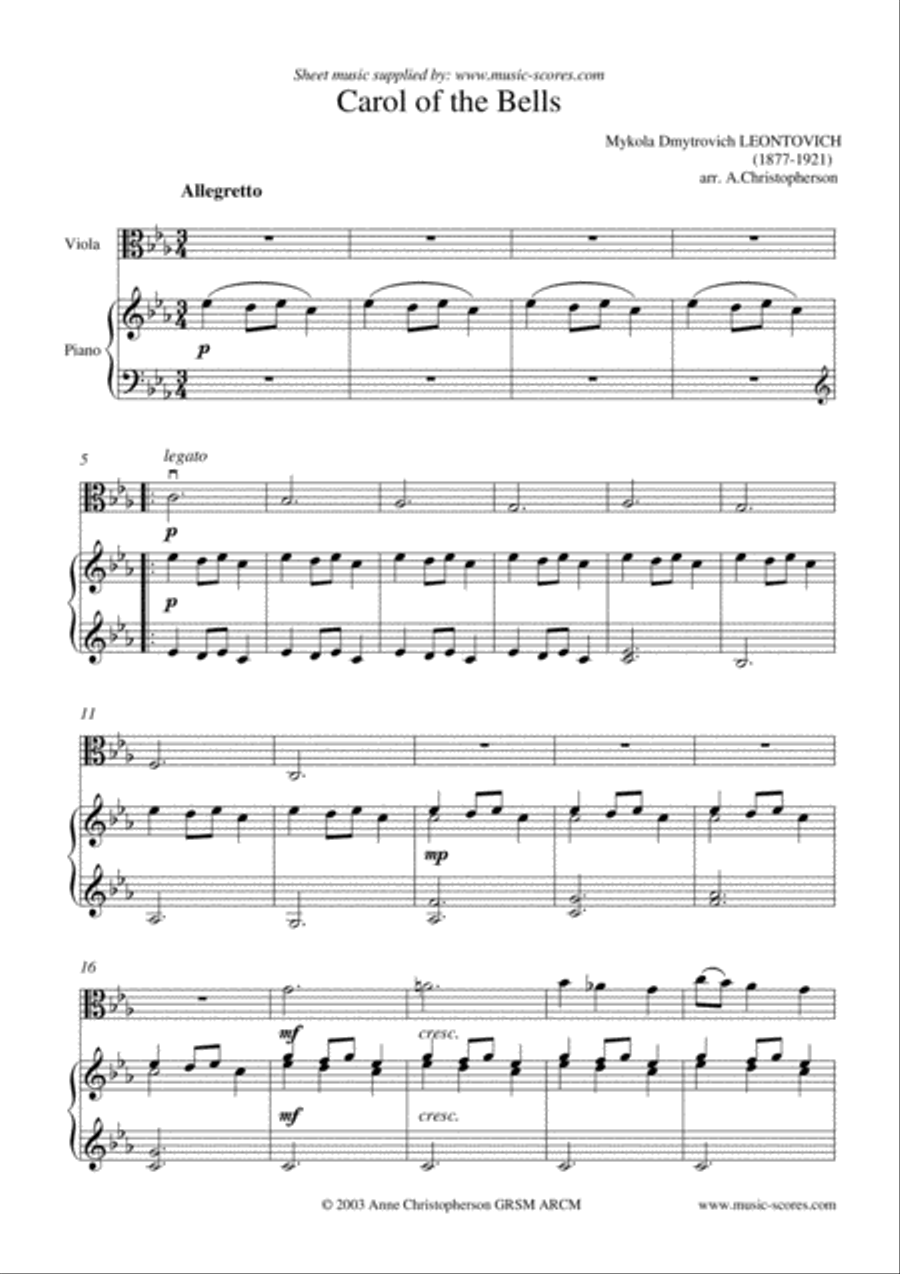 Carol of the Bells - Viola and Piano Piano scores gallery preview page 2