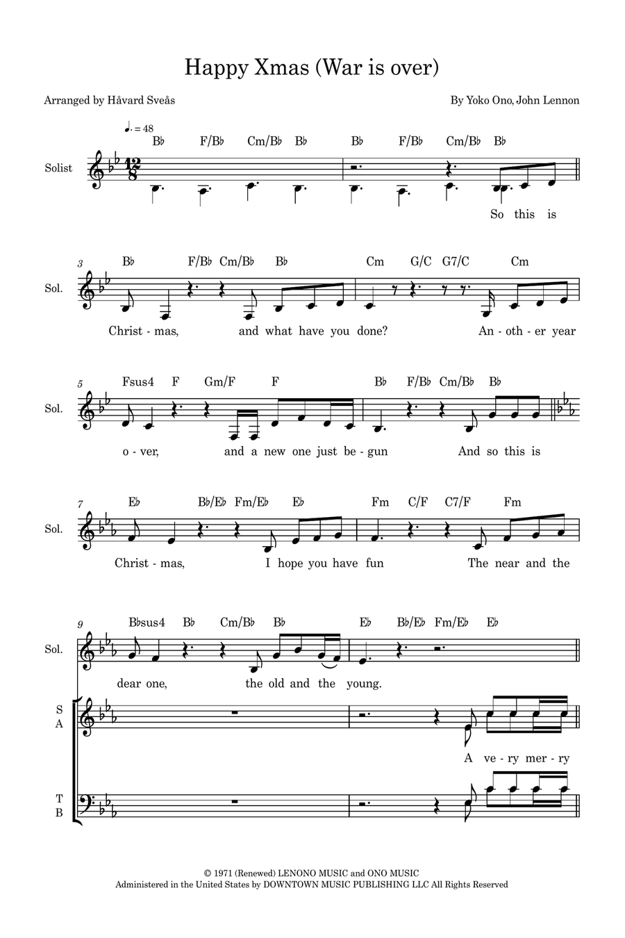 Happy Xmas (War Is Over) by Yoko Ono 4-Part - Digital Sheet Music