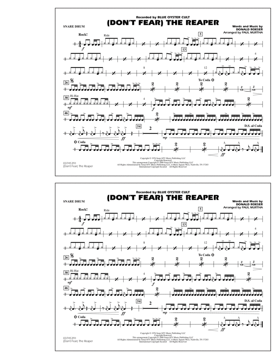 (Don't Fear) The Reaper - Snare Drum Marching Band scores gallery preview page 1