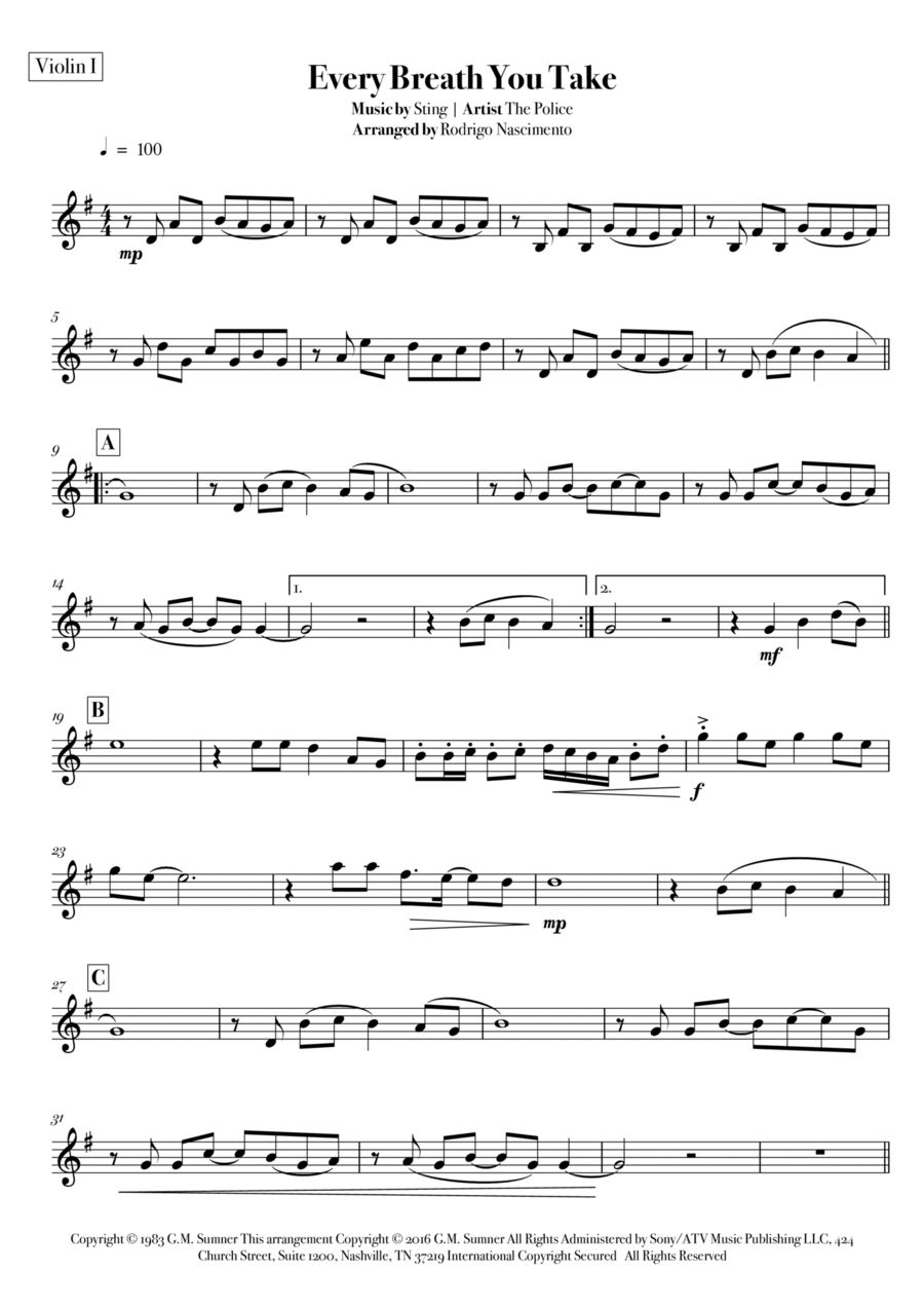 Every Breath You Take String Quartet scores gallery preview page 1
