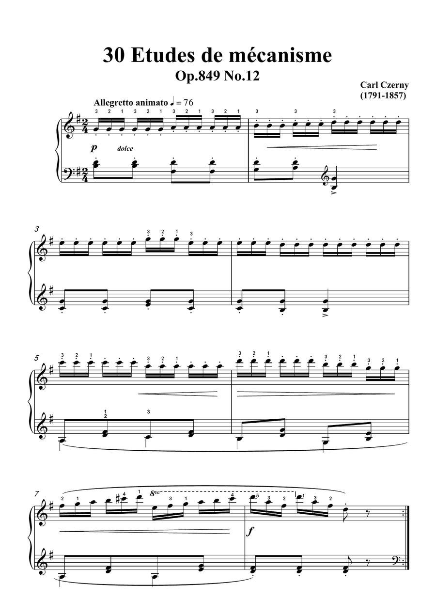 Czerny-30 Etudes de mécanisme,Op.849 No.12,Allegretto animato in G Major,for Piano Piano Method scores gallery preview page 3