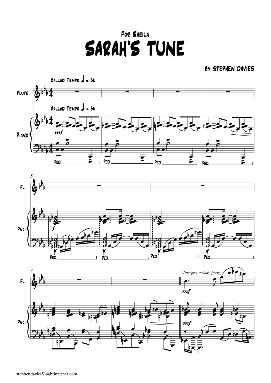 'Sarah's Tune' By Stephen Davies for Flute & Piano Flute Solo scores gallery preview page 1