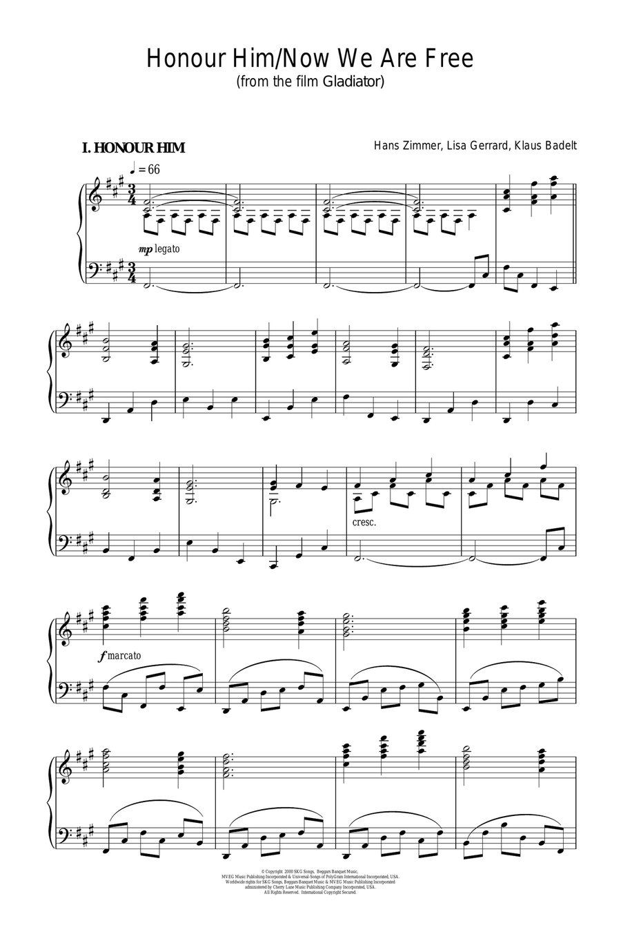 Honor Him/Now We Are Free (from Gladiator) Piano Solo scores gallery preview page 1