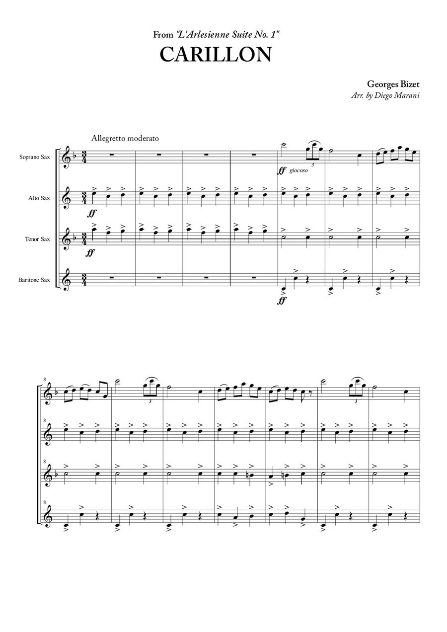 Carillon from "L'Arlesienne Suite No. 1" for Saxophone Quartet