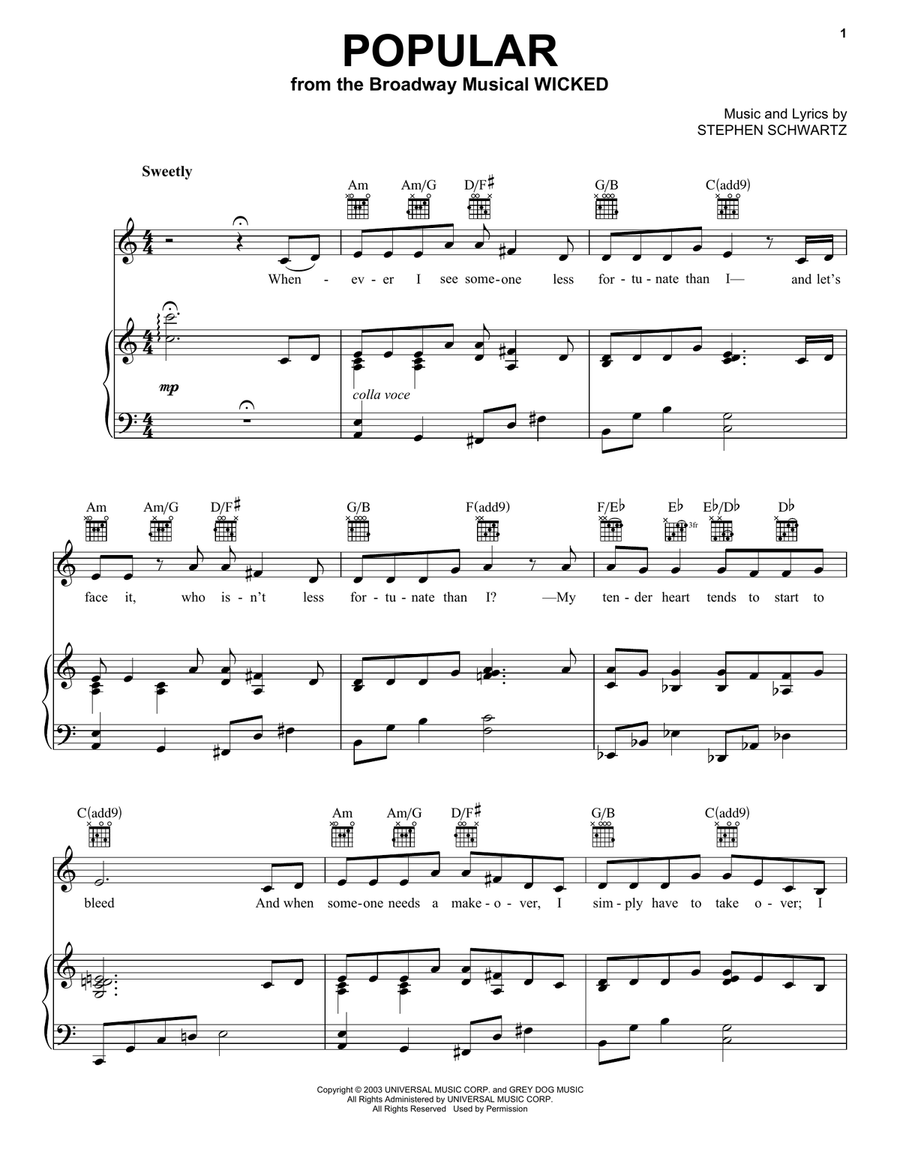 Popular (from Wicked) Piano, Vocal, Guitar scores gallery preview page 1
