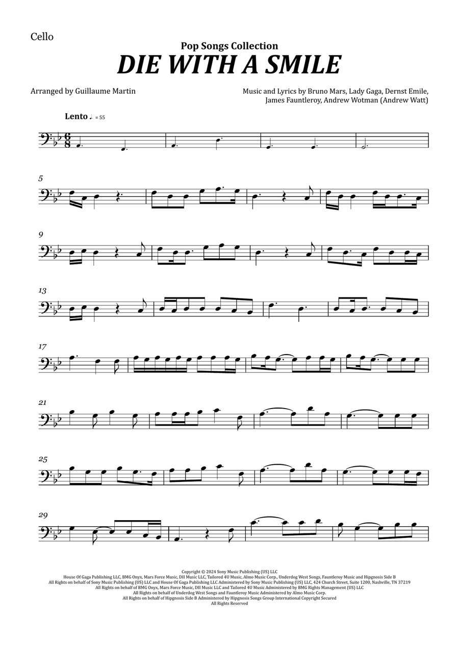 Die With A Smile Cello Solo scores gallery preview page 1