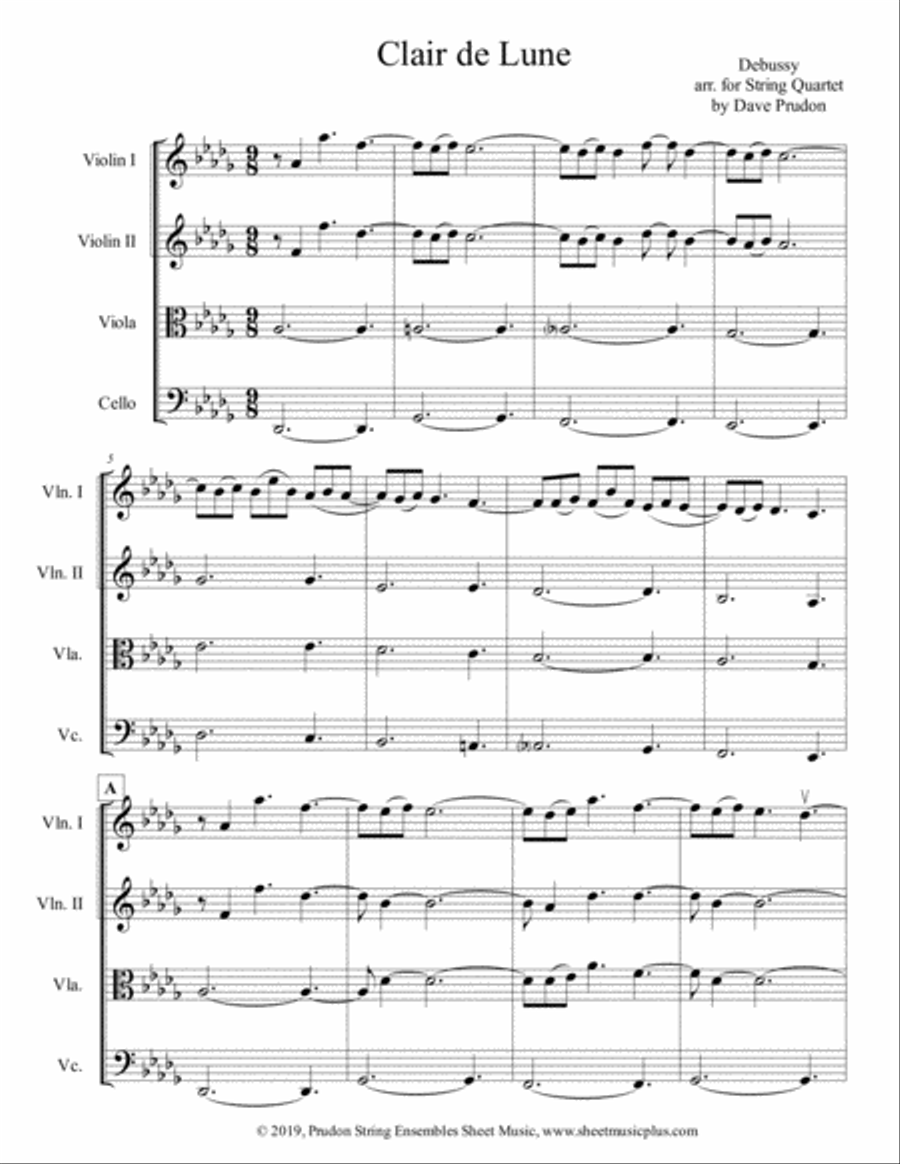 Claire de Lune in Db for String Quartet String Quartet scores gallery preview page 1
