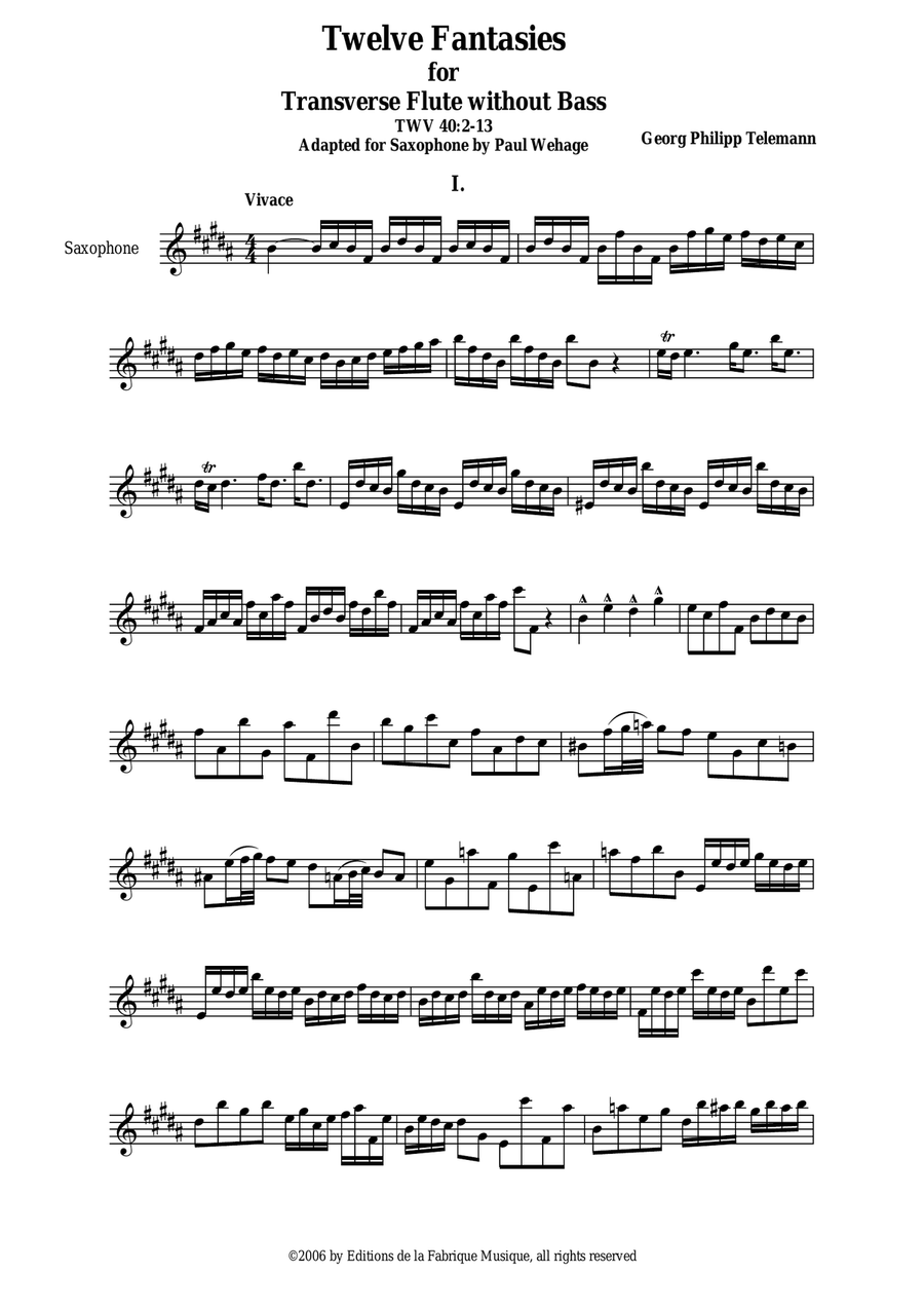 Georg Philipp Telemann: 12 Fantasias for Flute without Bass, TWV 40:2-13, adapted for saxophone (any Woodwind Quartet scores gallery preview page 2