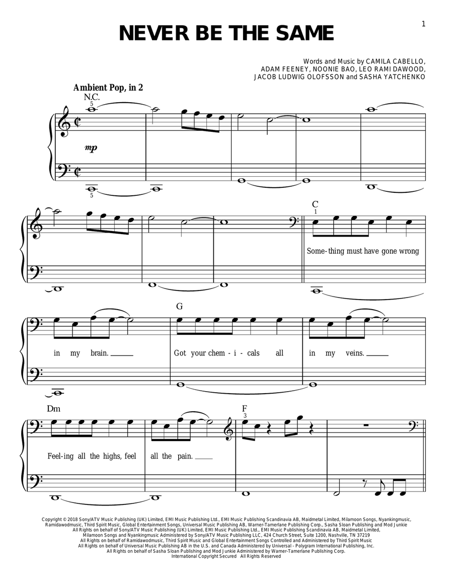 Never Be The Same Easy Piano scores gallery preview page 1