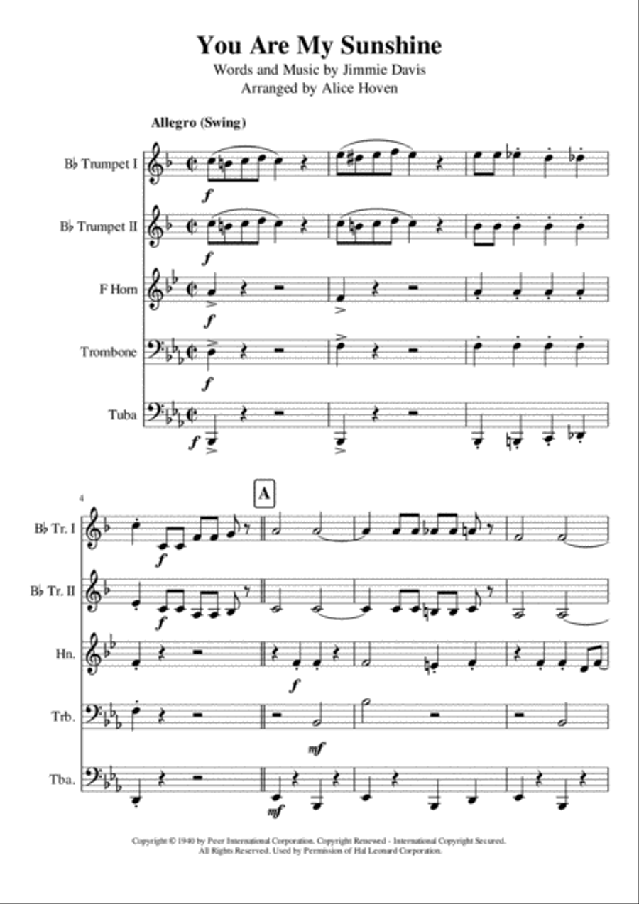 You Are My Sunshine You Are My Sunshine Brass Ensemble scores gallery preview page 1