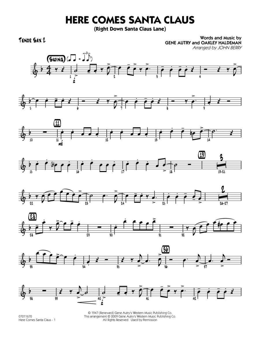 Here Comes Santa Claus (Right Down Santa Claus Lane) - Tenor Sax 2 Tenor Saxophone scores gallery preview page 1
