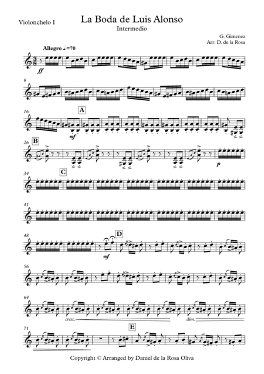 La Boda de Luis Alonso - G. Gimenez - For Cello Quartet (Parts) String Quartet scores gallery preview page 2
