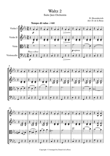 Waltz 2 - From Suite Jazz Nº 2 - D. Shostakovich - For Strings Quartet (Full Score and Parts)
