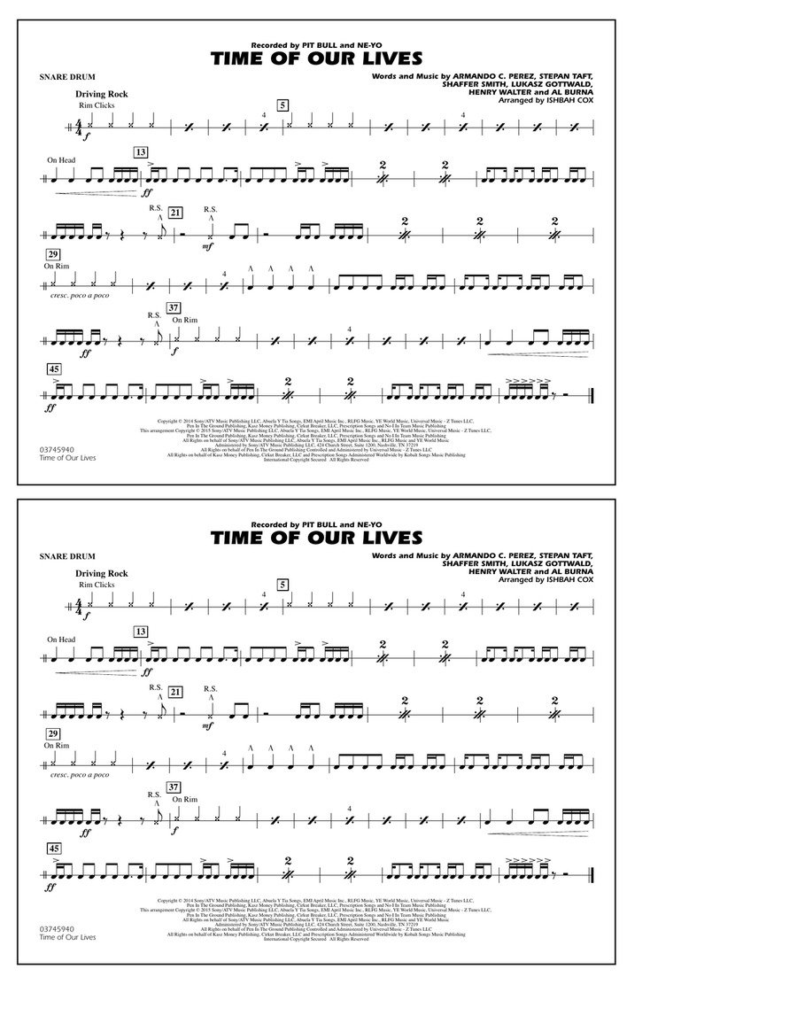 Time of Our Lives - Snare Drum Marching Band scores gallery preview page 1