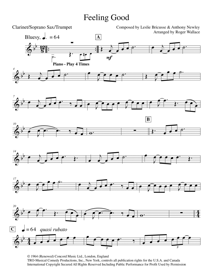 Feeling Good B-Flat Clarinet scores gallery preview page 1